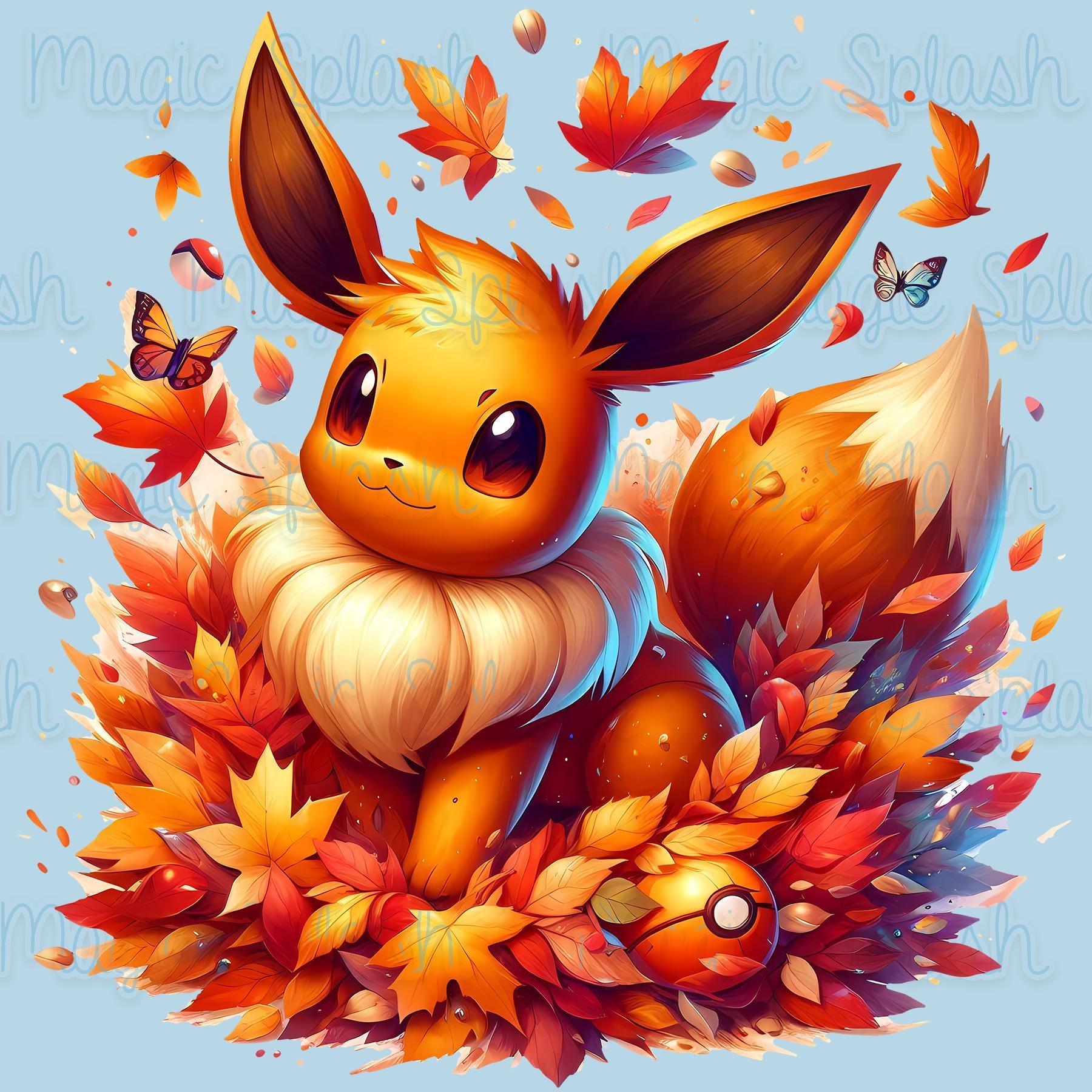 秋のイーブイ水彩クリップアート、レインボーポケモンPNG（デジタル