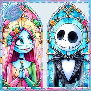 Peinture aquarelle sur vitrail Jack et Sally, Images clipart, graphiques et oeuvres d'art, esthétique arc-en-ciel, Images de cauchemar de Noël PNG