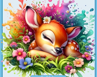 May include: A cute cartoon fawn with closed eyes is sleeping in a bed of colourful flowers. The fawn is brown with white spots and has pink ears. The flowers are pink, purple, blue, and yellow. The background is a light blue with a colourful paint splatter effect. The image is 12 x 12 inches, 3600 pixels, and 300 DPI.