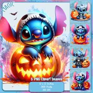 Puede incluir: Un personaje azul Stitch con un disfraz de Halloween con una cara de calabaza y sosteniendo una calabaza tallada. El personaje está rodeado de un fondo de acuarela con murciélagos y estrellas. La imagen es parte de un conjunto de 5 imágenes PNG clipart, cada una mide 30,48 cm por 30,48 cm, con 3600 píxeles y 300 DPI.