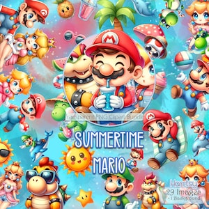 Ensemble de cliparts Mario Summertime, esthétique Chibi Kawaii, images transparentes, téléchargement numérique, lots de cliparts