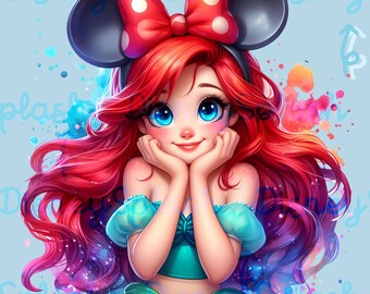 ミッキーの耳をつけたアリエル、水彩 PNG クリップアート（デジタル