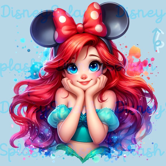 ミッキーの耳をつけたアリエル、水彩 PNG クリップアート（デジタル