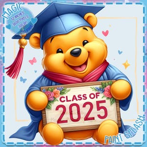 Imagen prediseñada de graduación de oso de miel 2025 con fondo de salpicaduras de acuarela, archivos comerciales, lindos gráficos PNG de Winnie Pooh