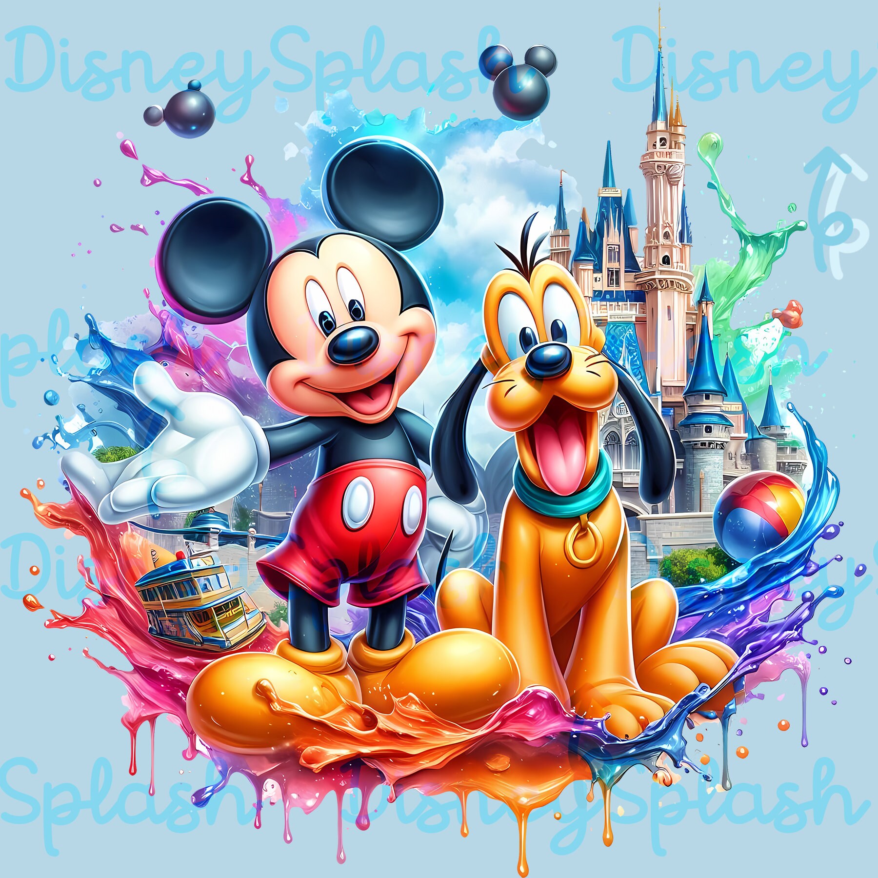 Mickey and Pluto Disneyland Watercolor Splash PNG (digital