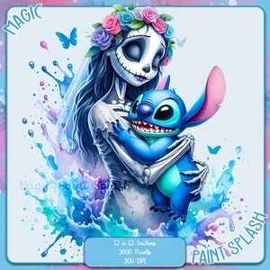 May include: A digital illustration of a skeleton with a floral crown holding a blue Stitch character from the Disney movie Lilo & Stitch. The image is set against a background of blue, pink, and purple watercolor paint splatters. The text "Magic Paint Splash" is visible in the image.