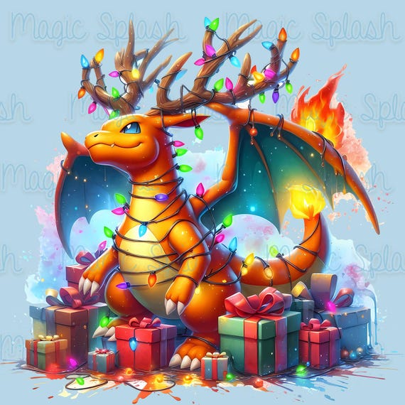 リザードン クリスマス 水彩 PNG: レインボー ホリデー クリップアート