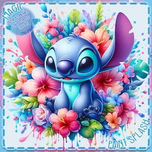 Stitch Floral aquarel splash, clipartafbeeldingen, graphics en artwork, regenboog esthetiek, schattige steekafbeeldingen png