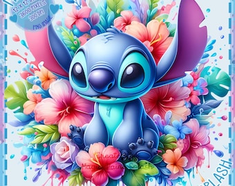 Stitch Floral Clipart: Rainbow Watercolor PNG Image (Digital Download)