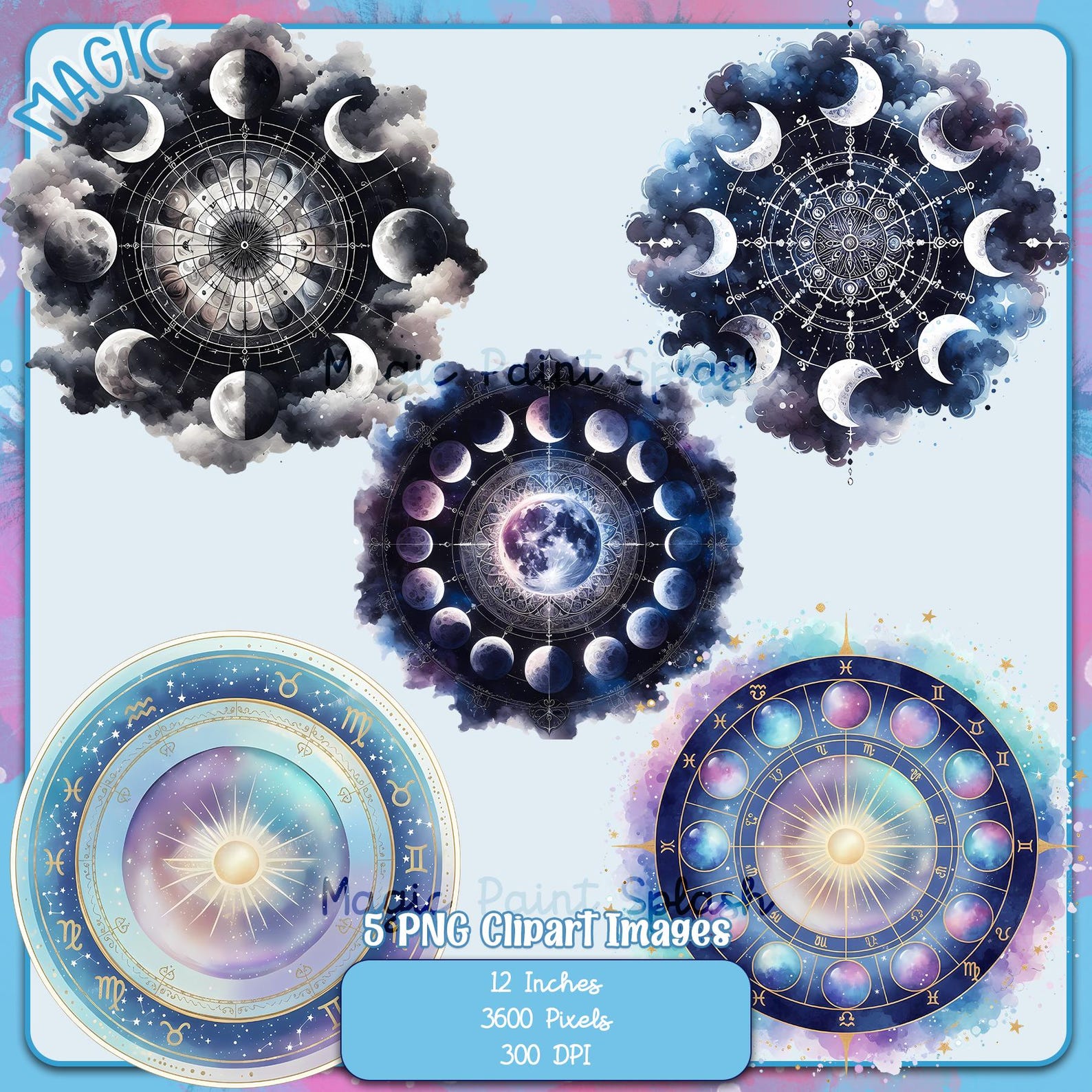 5 Celestial Wheel PNG: Watercolor Splash Clipart Bundle (digital ...