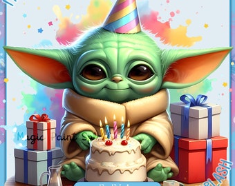 Grogu Birthday Cake Watercolor PNG Image (Digital Download)