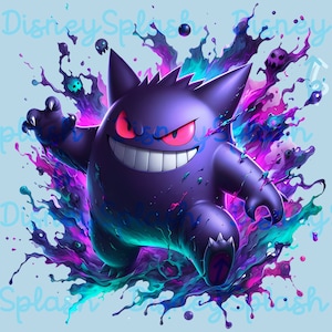May include: A purple and blue cartoon ghost with a wide grin and glowing red eyes. The ghost is surrounded by splashes of pink, blue, and purple paint.
