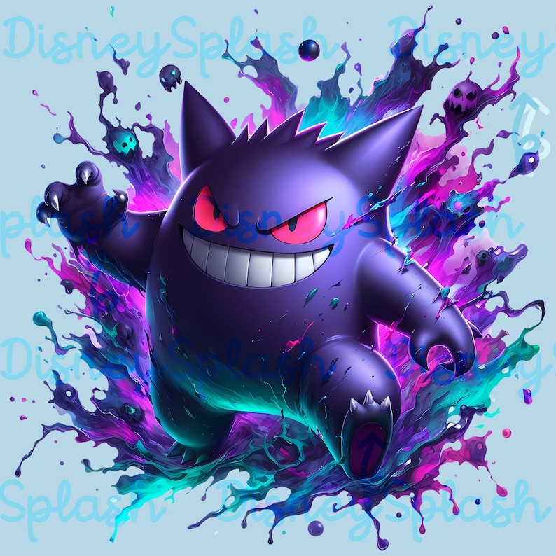 May include: A purple and blue cartoon ghost with a wide grin and glowing red eyes. The ghost is surrounded by splashes of pink, blue, and purple paint.