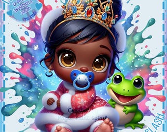 Baby Tiana Winter PNG Clipart, Cute Princess With Frog Digital Art for Sublimation, Kawaii Baby Girl Printable for Nursery & Gifts