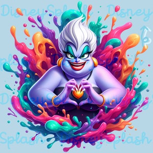 May include: Ursula, the sea witch from Disney's The Little Mermaid, is surrounded by colourful paint splatters. She is making a heart shape with her hands and has a mischievous smile on her face.