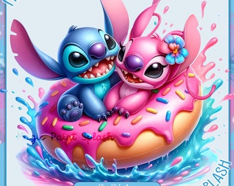 Stitch and Angel Summer Donut Watercolor Clipart (PNG Digital Download)