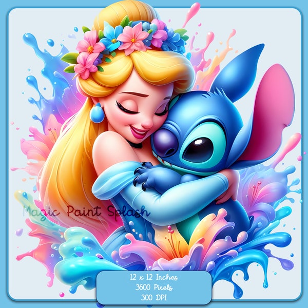 Cinderella and Stitch Watercolor Splash, Clipart Images, Graphics and Artwork, Rainbow Aesthetic, PNG Cute Little Princess Images