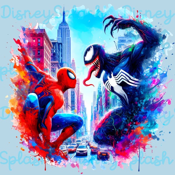 スパイダーマン vs ヴェノムの水彩画クリップアート：虹の映画画像