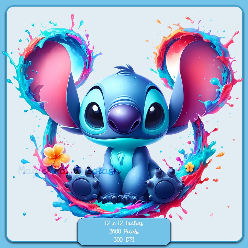 May include: A blue Stitch character from the Disney movie Lilo & Stitch sitting in a colorful paint splatter. The paint is in shades of blue, pink, orange, yellow, and green. The character is sitting on a swirl of paint and has a flower behind it. The image is 12 x 12 inches, 3600 pixels, and 300 DPI.