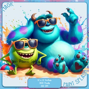 Mike und Sully Strandszene Aquarellspritzer, Clipart-Bilder, Grafiken und Kunstwerke, Regenbogenästhetik, PNG süße Monsterbilder
