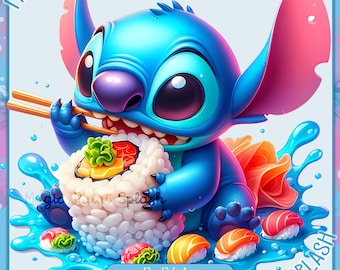 Stitch Eating Sushi Clipart: Watercolor Splash PNG Image (Digital Download)