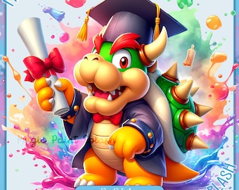 Bowser Graduation Watercolor Clipart: Rainbow Gaming PNG (Digital Download)