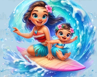 モアナとシメアのサーフィン水彩PNG画像（デジタルダウンロード
