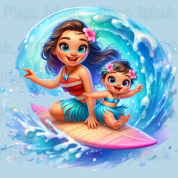 モアナとシメアのサーフィン水彩PNG画像（デジタルダウンロード