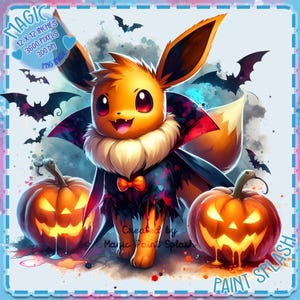 May include: A cartoon illustration of a brown and yellow Eevee dressed as a vampire with a red cape and a black bow tie. The Eevee is standing next to two jack-o'-lantern pumpkins with glowing faces. The background is a blue and purple watercolour wash with bats flying around.