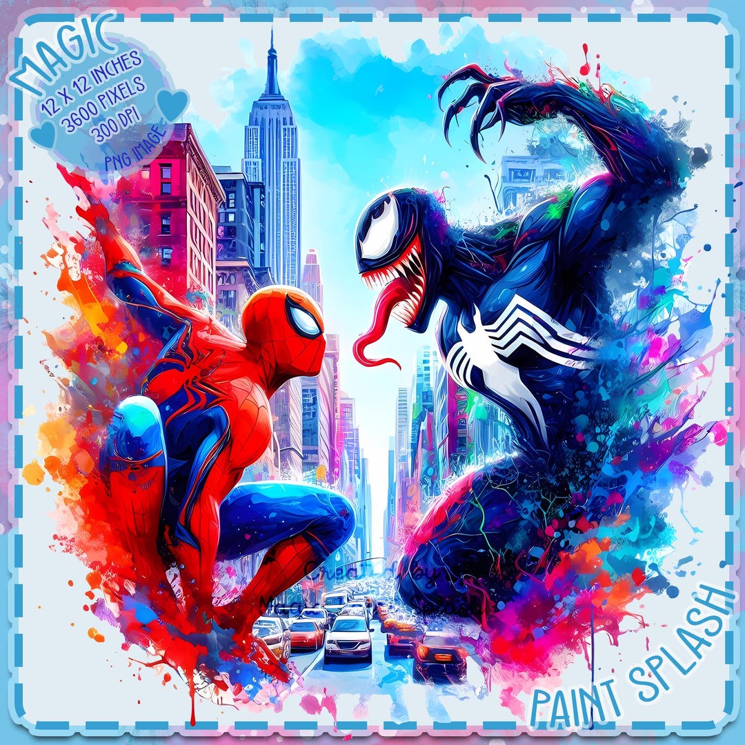 スパイダーマン vs ヴェノムの水彩画クリップアート：虹の映画画像