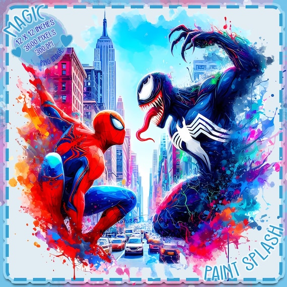 スパイダーマン vs ヴェノムの水彩画クリップアート：虹の映画画像