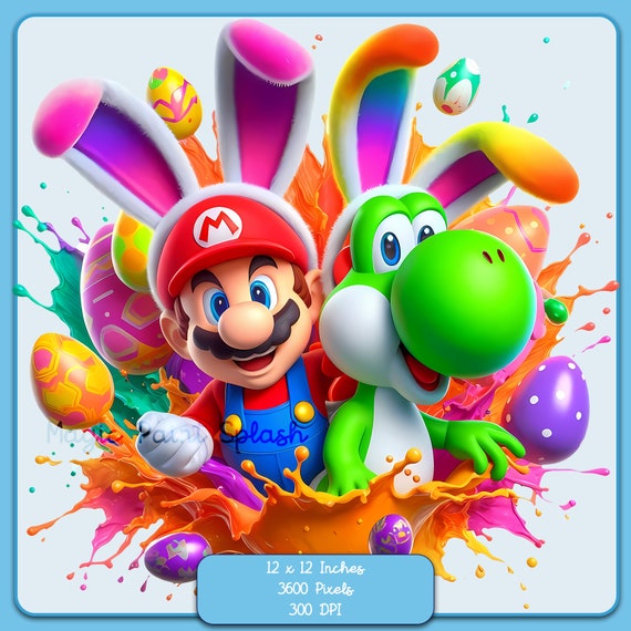 マリオとヨッシーのイースターバニーのクリップアート：水彩