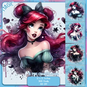 Könnte beinhalten: Digitales Kunstpaket mit einer rothaarigen Frau mit blauen Augen, die einen schwarzen Choker und ein grünes Kleid trägt. Das Bild enthält den Text "MAGIC" und "Magic Paint Splash" sowie "5 PNG Cliparts", jeweils 30,48 x 30,48 cm.