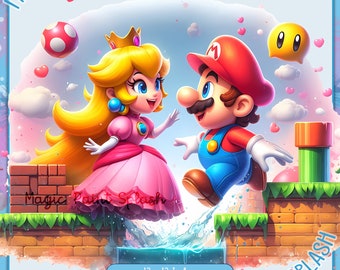 マリオとピーチの水彩スプラッシュ、クリップアート画像、グラフィック