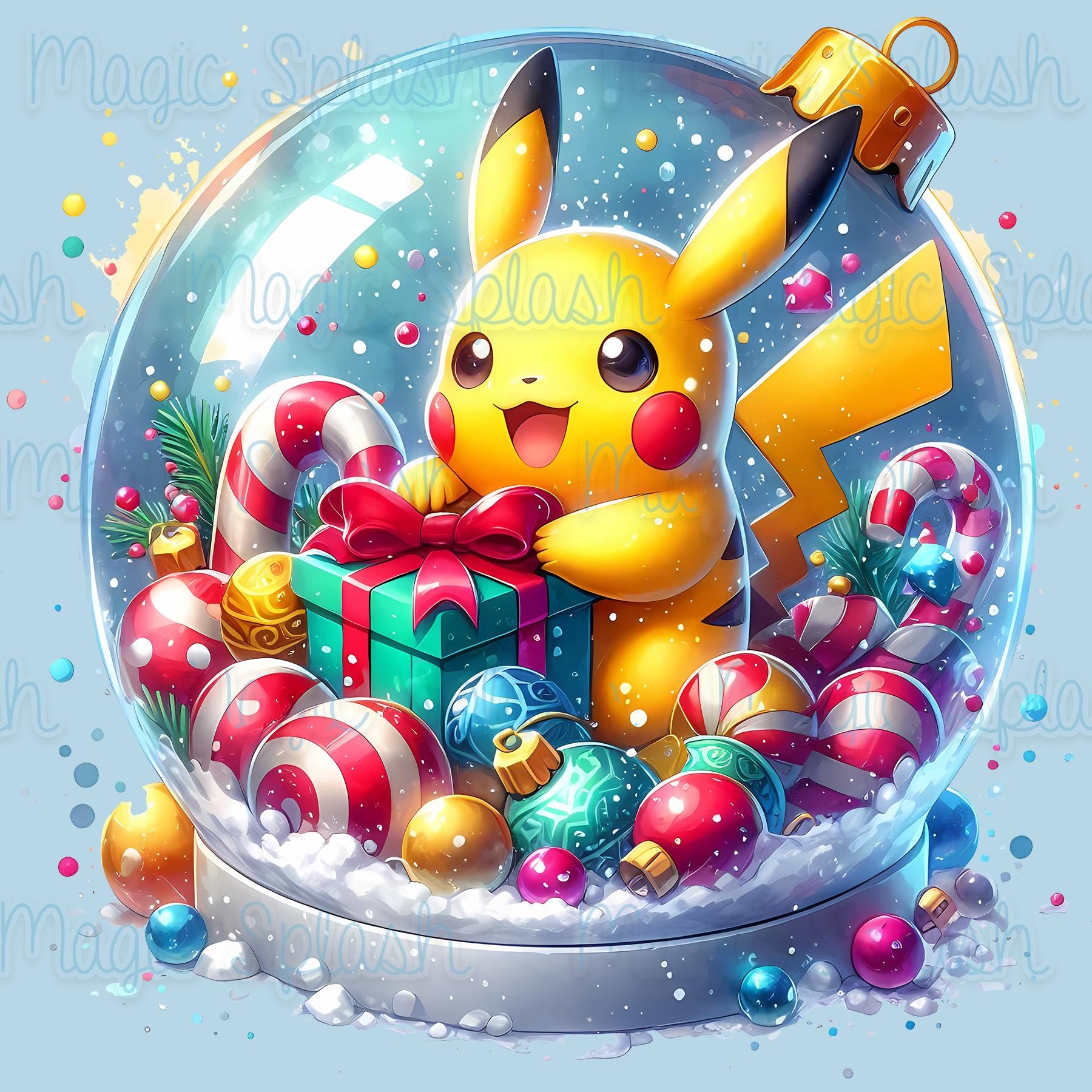 ピカチュウ クリスマス スノードーム、レインボー 水彩 PNG (デジタル