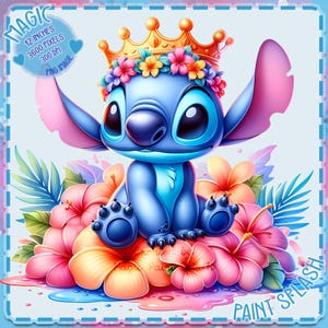 Stitch Floral z koroną akwarela Splash, obrazy clipart, grafika i dzieła sztuki, estetyka tęczy, PNG śliczne obrazy ściegu