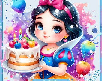 Snow White Birthday Watercolor Clipart: Rainbow Princess PNG (Digital Download)