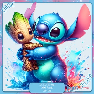 Images clipart Baby Groot and Stitch, images clipart, graphiques et oeuvres d'art, esthétique arc-en-ciel, images de personnages mignons PNG