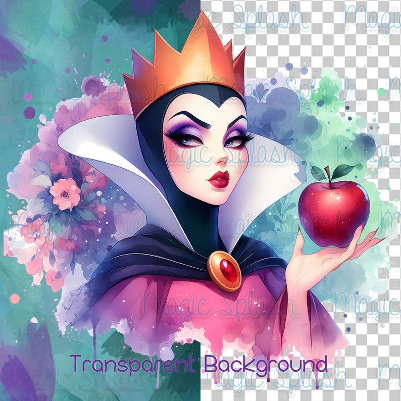 Puede incluir: Ilustraci&oacute;n en acuarela de un personaje con una corona dorada, sosteniendo una manzana roja. El personaje tiene maquillaje oscuro, una capa negra y un cuello blanco. El fondo presenta salpicaduras de acuarela y el texto "Transparent Background".