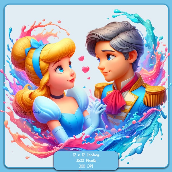 Cinderella and Prince Charming Watercolor Splash, Clipart Images, Graphics and Artwork, Rainbow Aesthetic, PNG Princess love Images