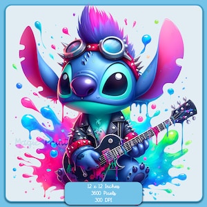 May include: A blue cartoon character with a mohawk and goggles plays an electric guitar. The character is surrounded by colorful paint splatters. The image is 12 x 12 inches, 3600 pixels, and 300 DPI.