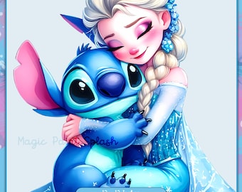 Elsa och Stitch Kram Clipart, PNG-bild (digital nedladdning)