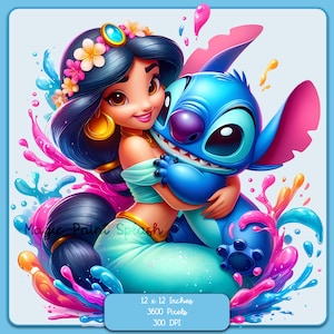 Jasmin und Stitch Aquarell Splash, Clipart Bilder, Grafiken und Kunstwerke, Regenbogen Ästhetik, PNG süße kleine Prinzessin Bilder