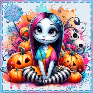 May include: A digital illustration of a girl with pink and blue hair wearing a colorful patchwork dress and sitting with her legs crossed. She is surrounded by pumpkins and skulls. The background is a blue and pink watercolor wash with the text "MAGIC" and "PAINT SPLASH" in the corners.