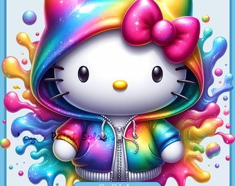 Kawaii Kitty Rainbow Hoodie Watercolor Splash, Clipart Images, Graphics and Artwork, Rainbow Aesthetic, PNG Cute Kitten Hello Images