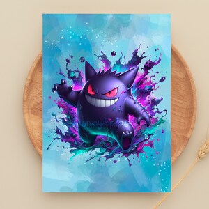 May include: A purple and blue cartoon ghost with a mischievous grin, surrounded by a splash of purple, blue, and green paint. The ghost is standing on a blue and white watercolor background.