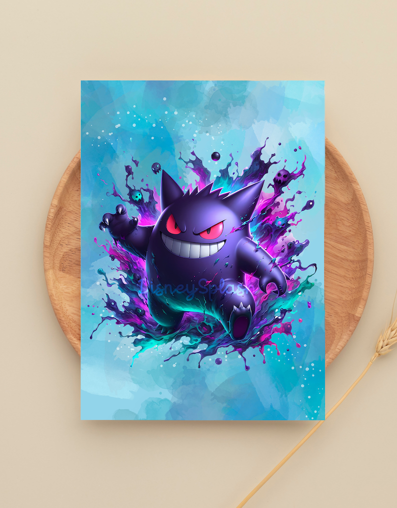 May include: A purple and blue cartoon ghost with a mischievous grin, surrounded by a splash of purple, blue, and green paint. The ghost is standing on a blue and white watercolor background.