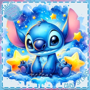 Stich sitzend auf Wolken Aquarell Splash, Clipart-Bilder, Grafiken und Kunstwerke, Regenbogenästhetik, PNG niedliche Charakterbilder