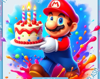 Super Mario födelsedagsclipart: Akvarellstänk PNG (digital nedladdning)