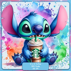 Image clipart café Stitch avec un arrière-plan aquarelle splash, fichiers commerciaux, graphismes Lilo & Stitch